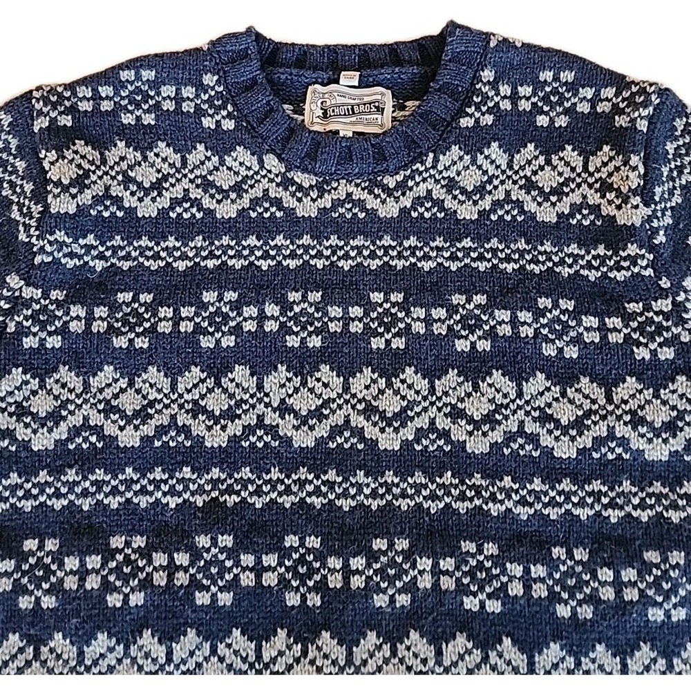 Schott Bros Pullover Sweater Nordic Fair Isle Heavy Chunky Ski Blue Mens Sz XL - Picture 2 of 9